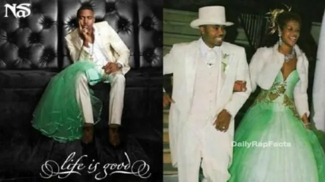 The green dress beside Nas on the cover of ‘Life Is Good’ was Kelis’ wedding dress