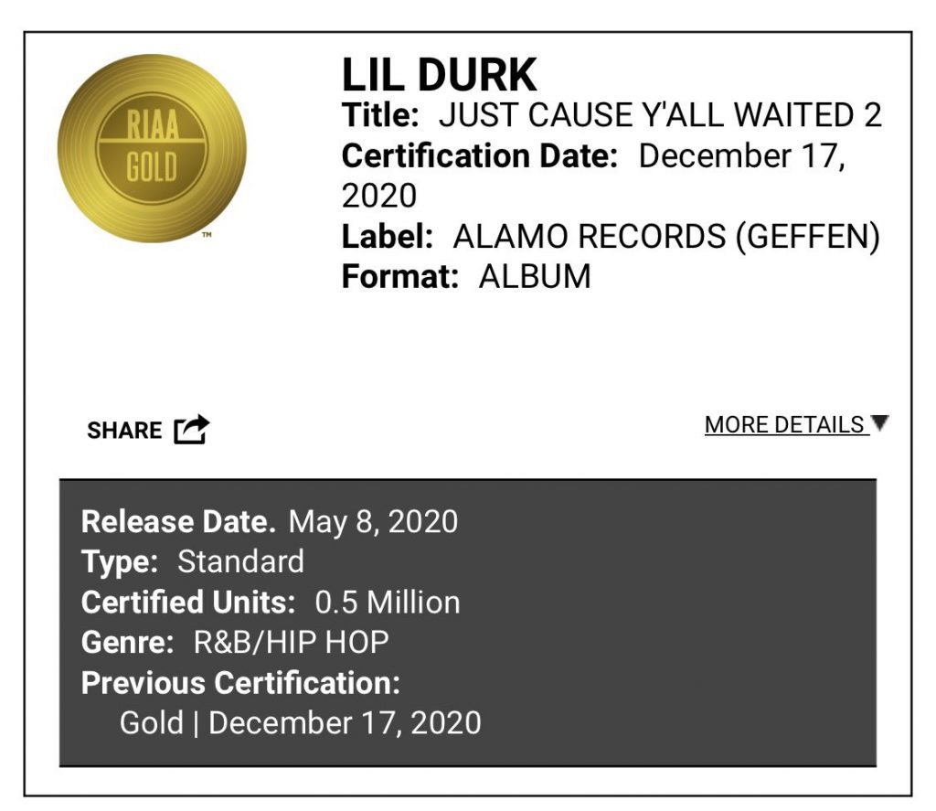 Lil Durk's 'Just Cause Y'all Waited 2' album is certified gold