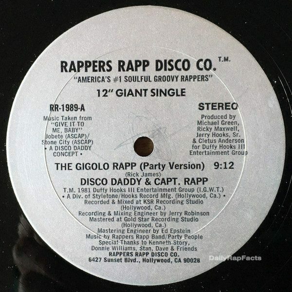 "The Gigolo Rapp" by Disco Daddy & Captain Rapp was the first West Coast Rap song