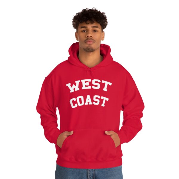 model in red West Coast Hoodie Sweatshirt