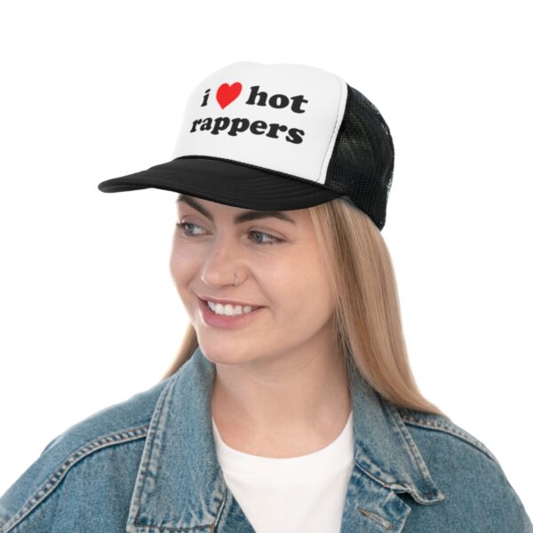 model wearing i love hot rappers snapback trucker hat